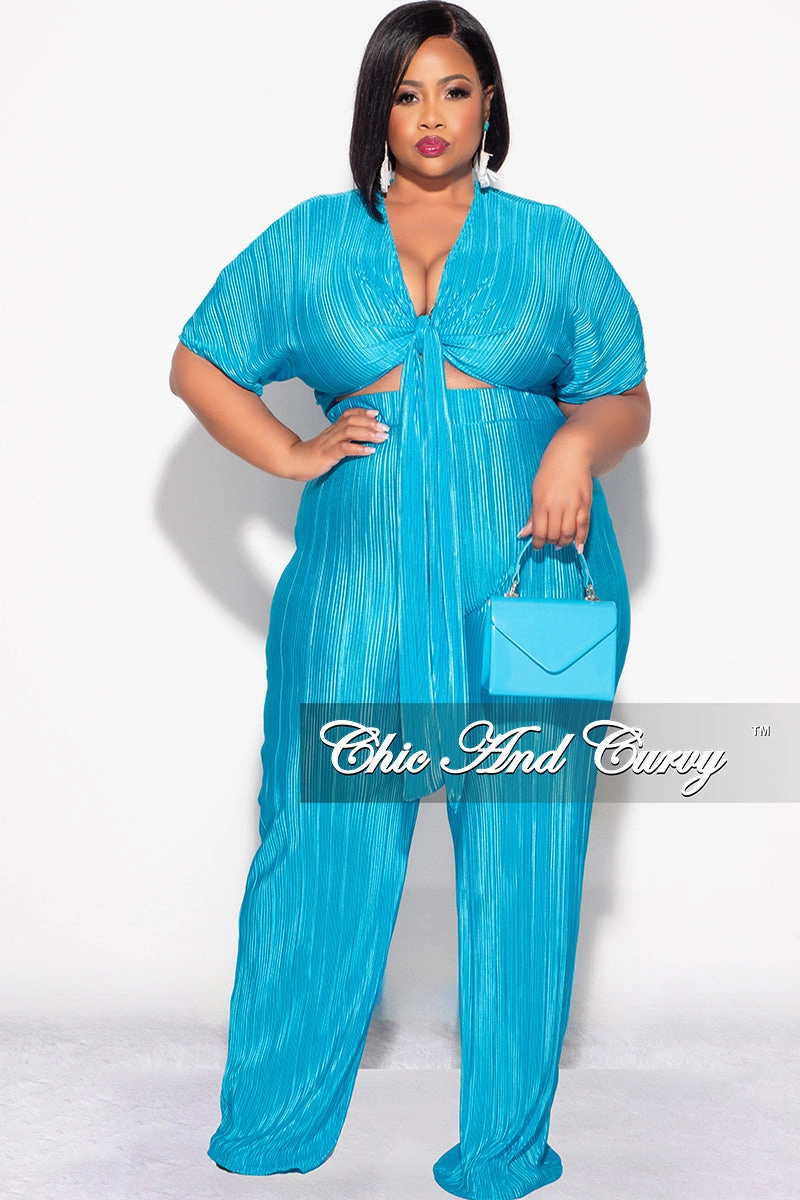 Easy Travel Final Sale Plus Size 2pc Pleated Top and Pants Set in Turquoise