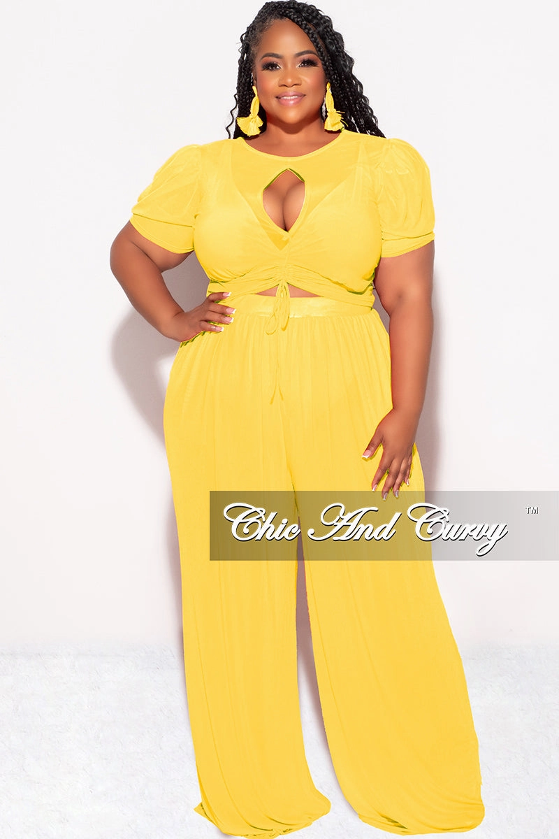 Final Sale Plus Size Mesh 3pc Set Top, Bralette, & Pant with Briefs in Yellow anti slip grip