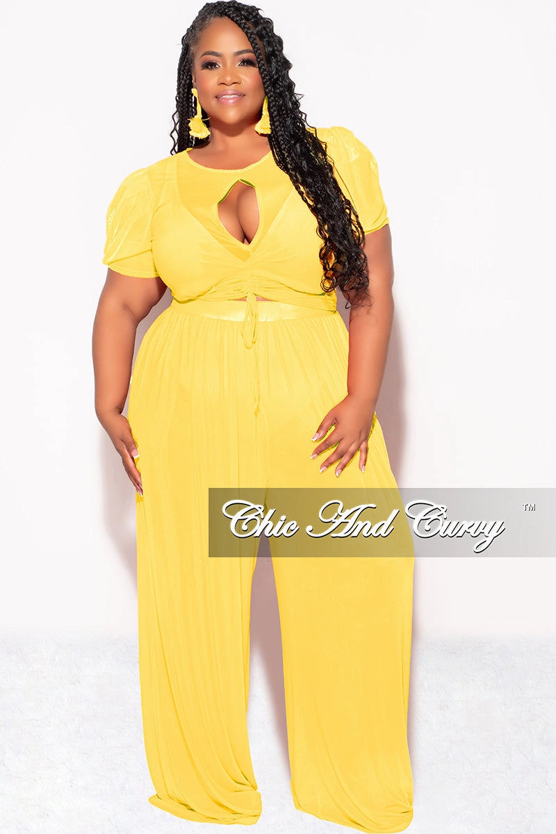 Final Sale Plus Size Mesh 3pc Set Top, Bralette, & Pant with Briefs in Yellow Fresh Fit Bonded Seam Technology