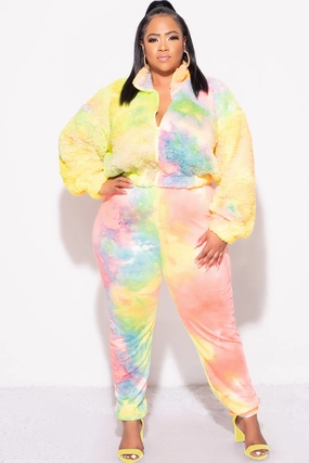 Final Sale Plus Size 2pc Set Fleece Jacket & Legging in Pastel Rainbow Tear Resistant Weave
