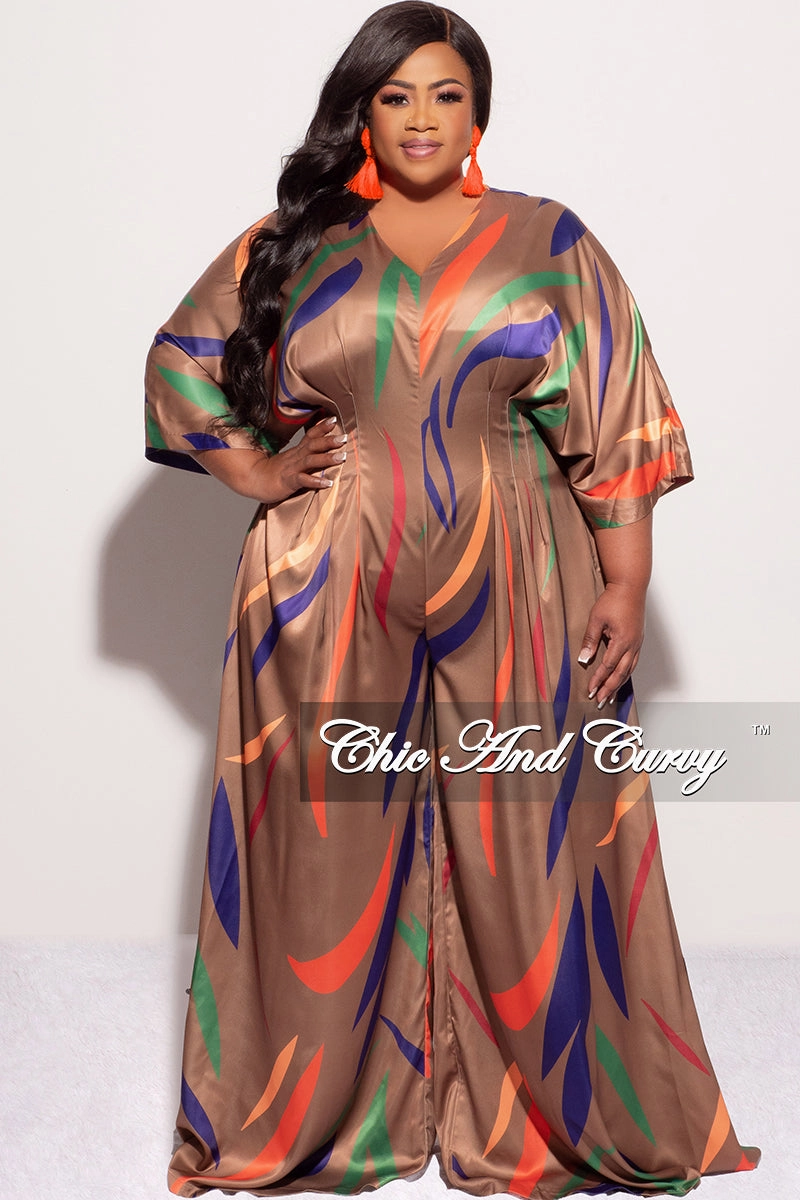 Utility Fit Final Sale Plus Size Satin Flare Leg Jumpsuit in Brown Multi Color