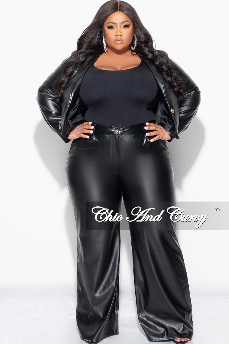 Final Sale Plus Size 2pc Faux Leather Pants Suit in Black Layering Comfort