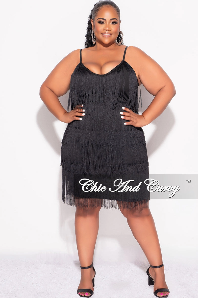 Final Sale Plus Size Spaghetti Strap BodyCon Fringe Dress in Black Flattering Look UVProtectiveLayer