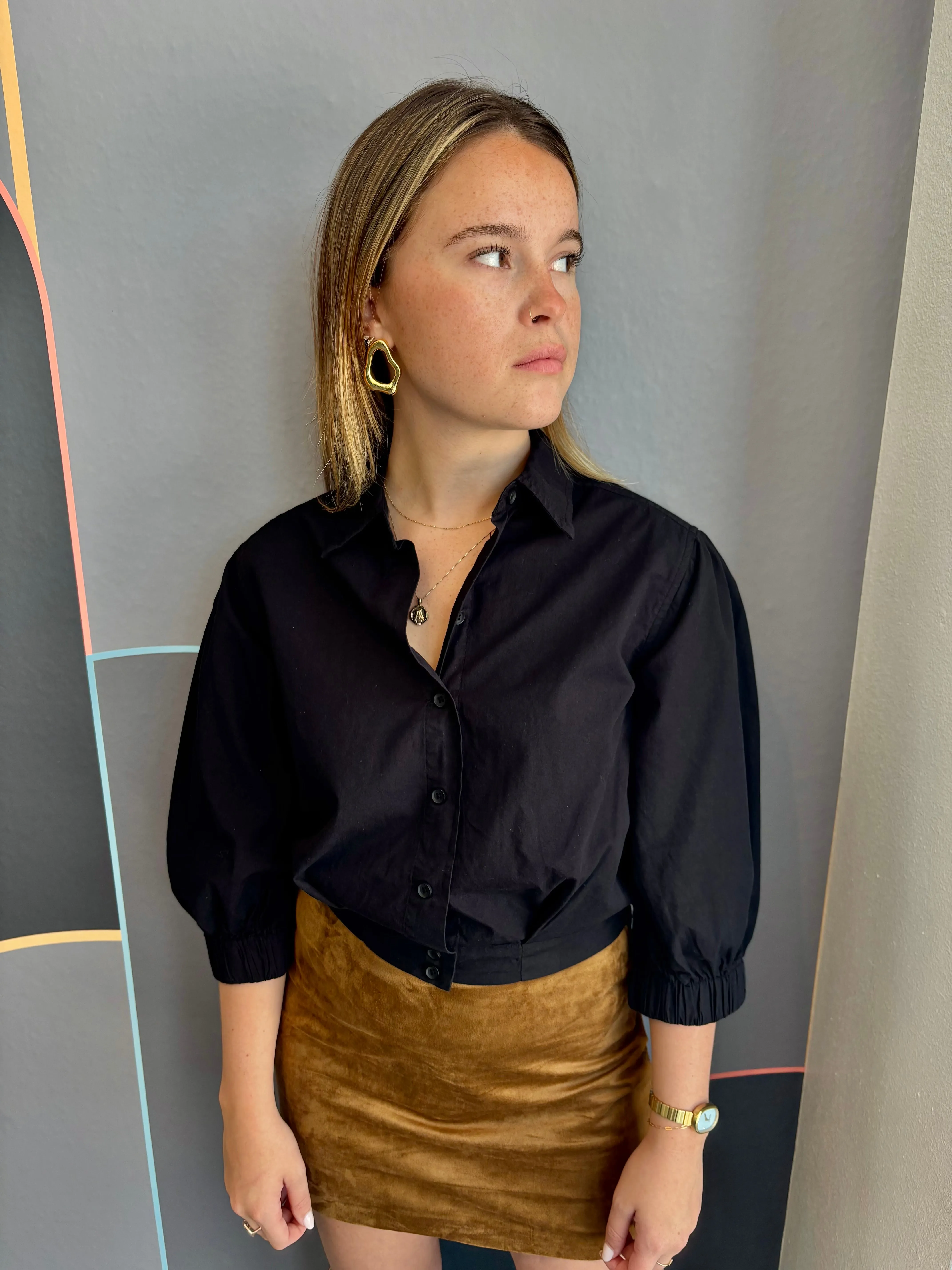 Cropped Button Front Puff Sleeve Top EasyCare Fabric