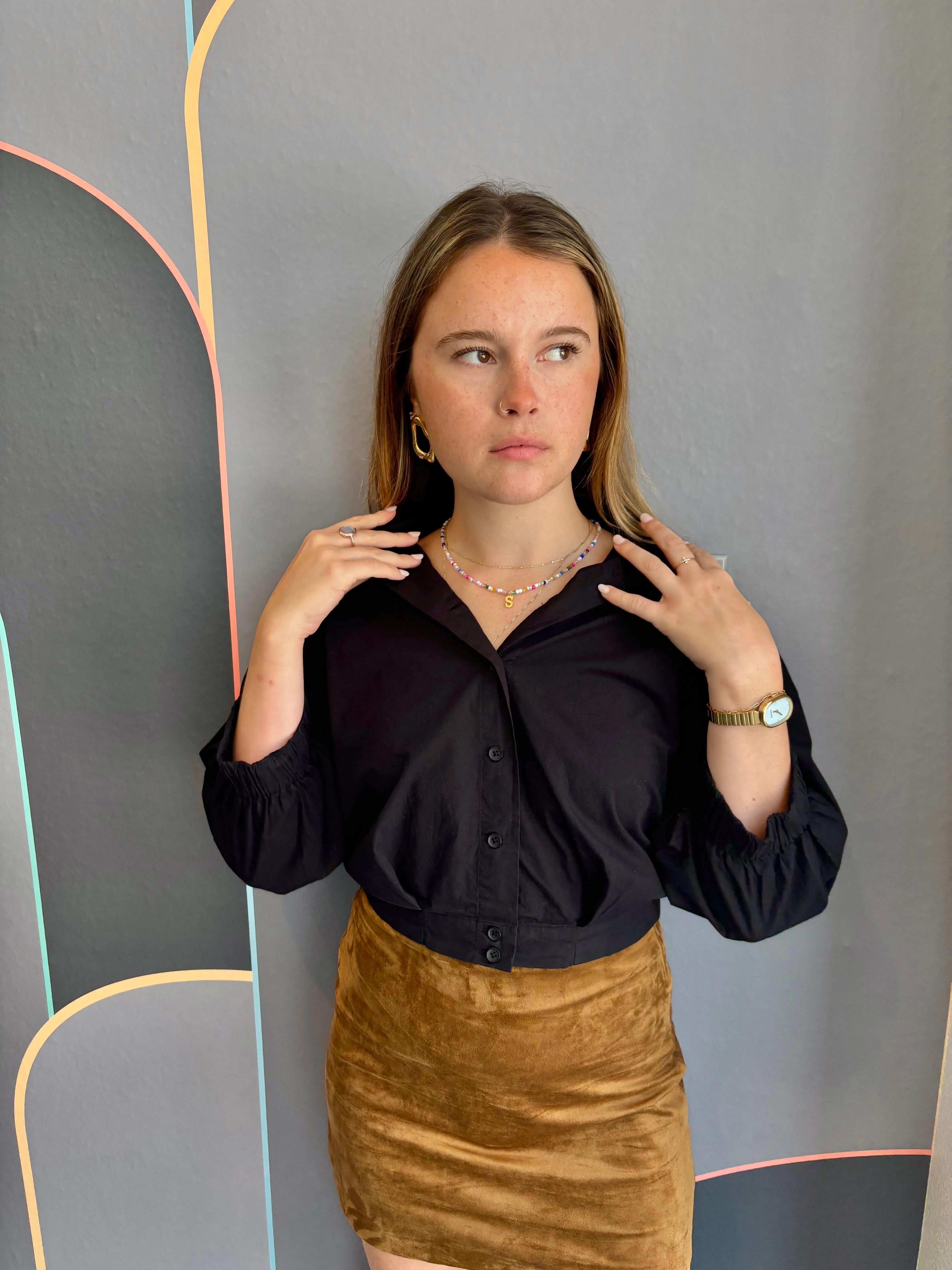 Cropped Button Front Puff Sleeve Top HighElasticity Thread Ergonomic Shoulder Shape