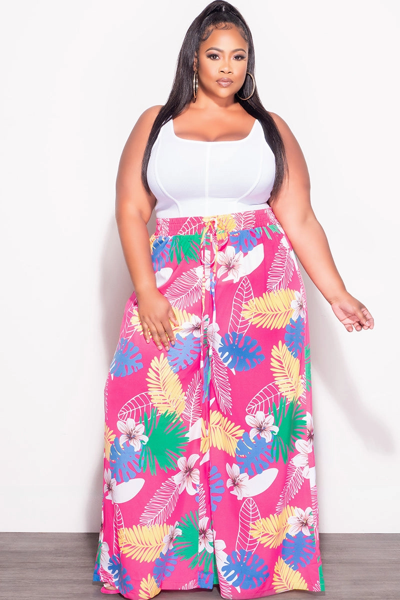 Final Sale Plus Size Pants in Pink Multi Color Leaf Print Breathable Comfort