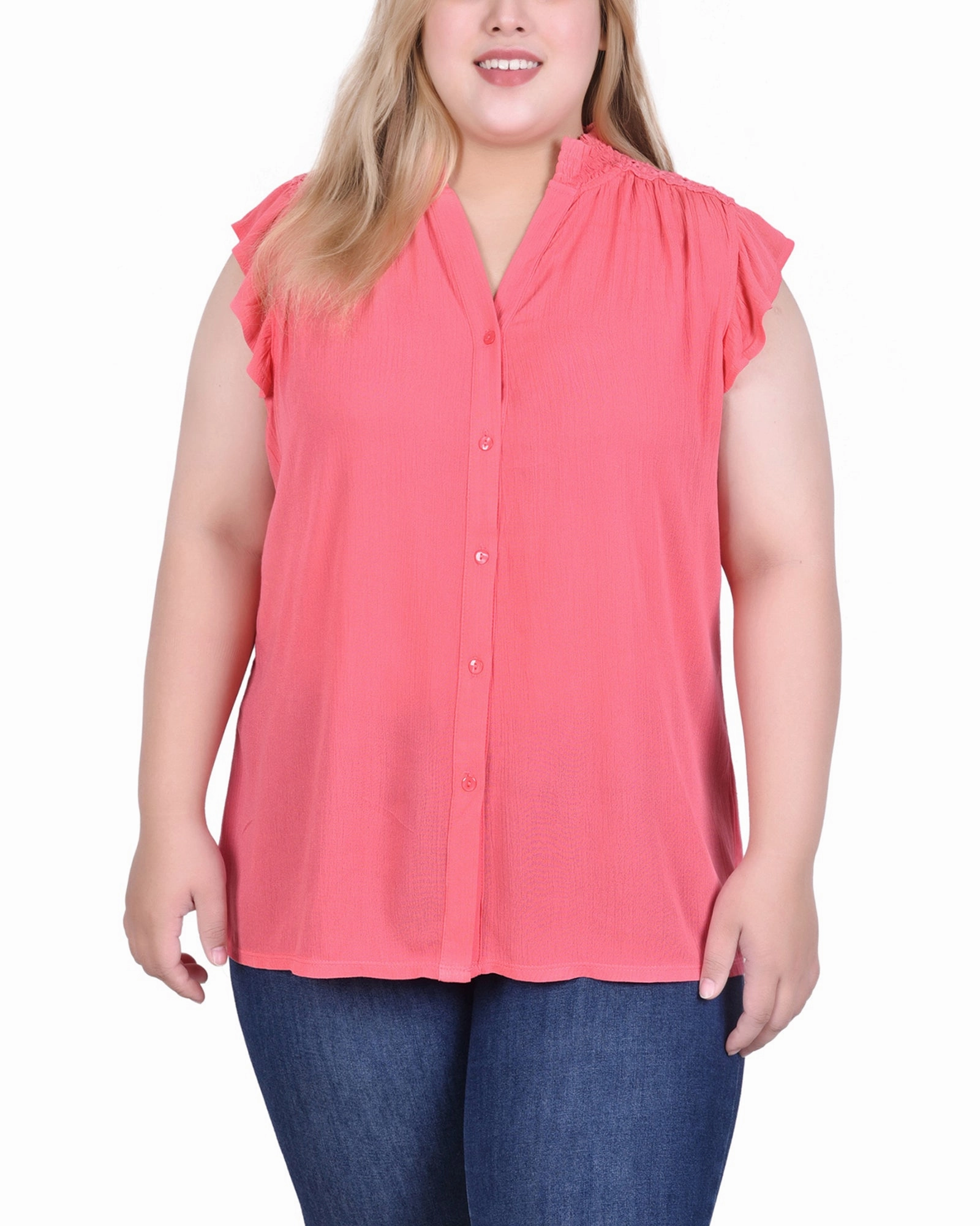 FrenchTerry Plus Size Short Flutter Sleeve Crepon Blouse