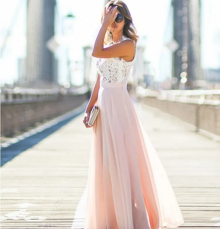 Europe Lace Spliced Chiffon Dress Formal Pocket Dress