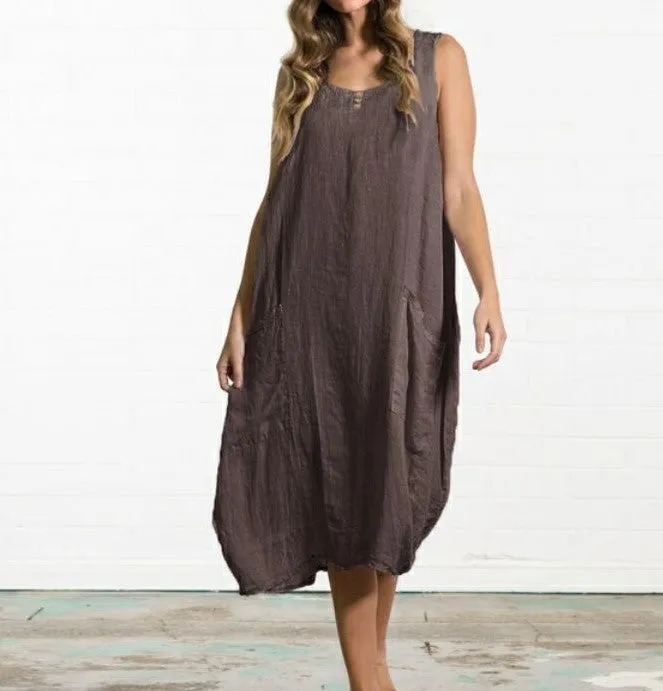 Europe Plus Size Loose Cotton Blend Sleeveless Dress Solid Colored Pocket Dress