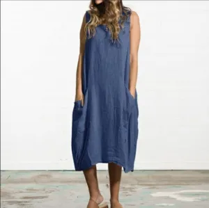 Europe Plus Size Loose Cotton Blend Sleeveless Dress Solid Colored Pocket Dress