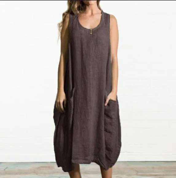 Europe Plus Size Loose Cotton Blend Sleeveless Dress Solid Colored Pocket Dress