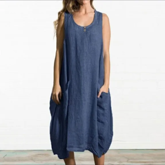 Europe Plus Size Loose Cotton Blend Sleeveless Dress Solid Colored Pocket Dress