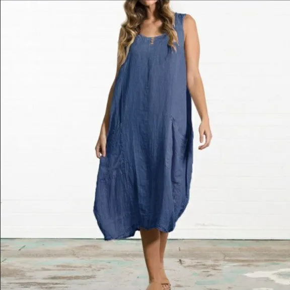 Europe Plus Size Loose Cotton Blend Sleeveless Dress Solid Colored Pocket Dress