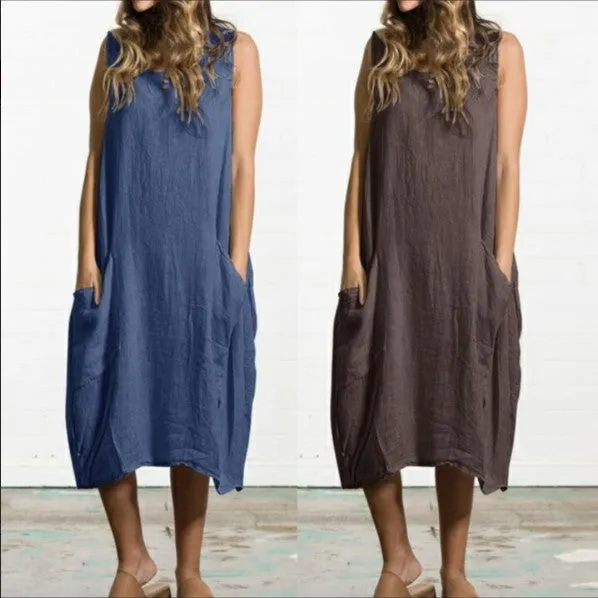 Europe Plus Size Loose Cotton Blend Sleeveless Dress Solid Colored Pocket Dress
