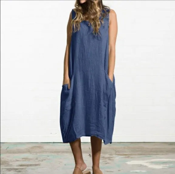 Europe Plus Size Loose Cotton Blend Sleeveless Dress Solid Colored Pocket Dress