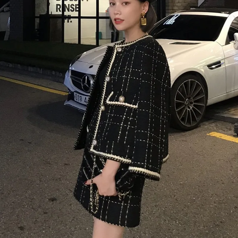 European Style Autumn Winter 2 Piece Set Women Short Woolen Tweed Jacket Coat & Bodycon Mini Skirt Set Women Two Piece Outfits