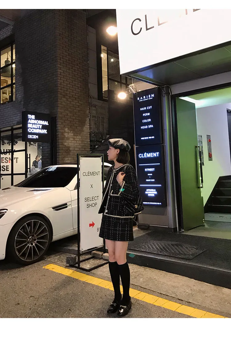 European Style Autumn Winter 2 Piece Set Women Short Woolen Tweed Jacket Coat & Bodycon Mini Skirt Set Women Two Piece Outfits