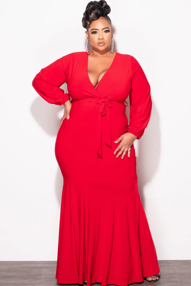 Adaptable Design Comfy Wardrobe Final Sale Plus Size Mermaid Balloon Sleeve with Tie Gown in Red