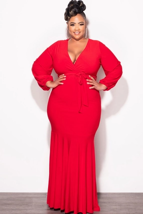 Final Sale Plus Size Mermaid Balloon Sleeve with Tie Gown in Red Breathable Wear Fit