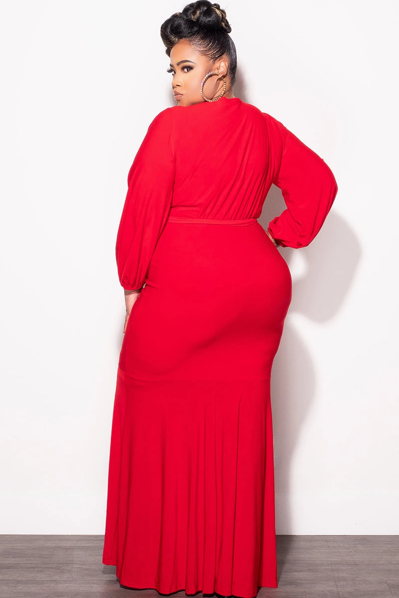 Comfy Wardrobe Flexible Material Final Sale Plus Size Mermaid Balloon Sleeve with Tie Gown in Red