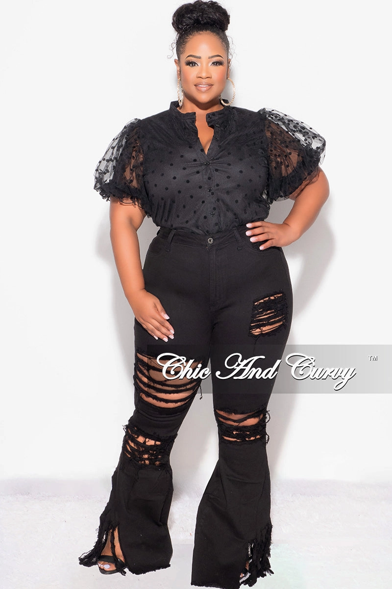 WindResistantMaterial Final Sale Plus Size Sheer Collar Button Up Polka Dot Top in Black