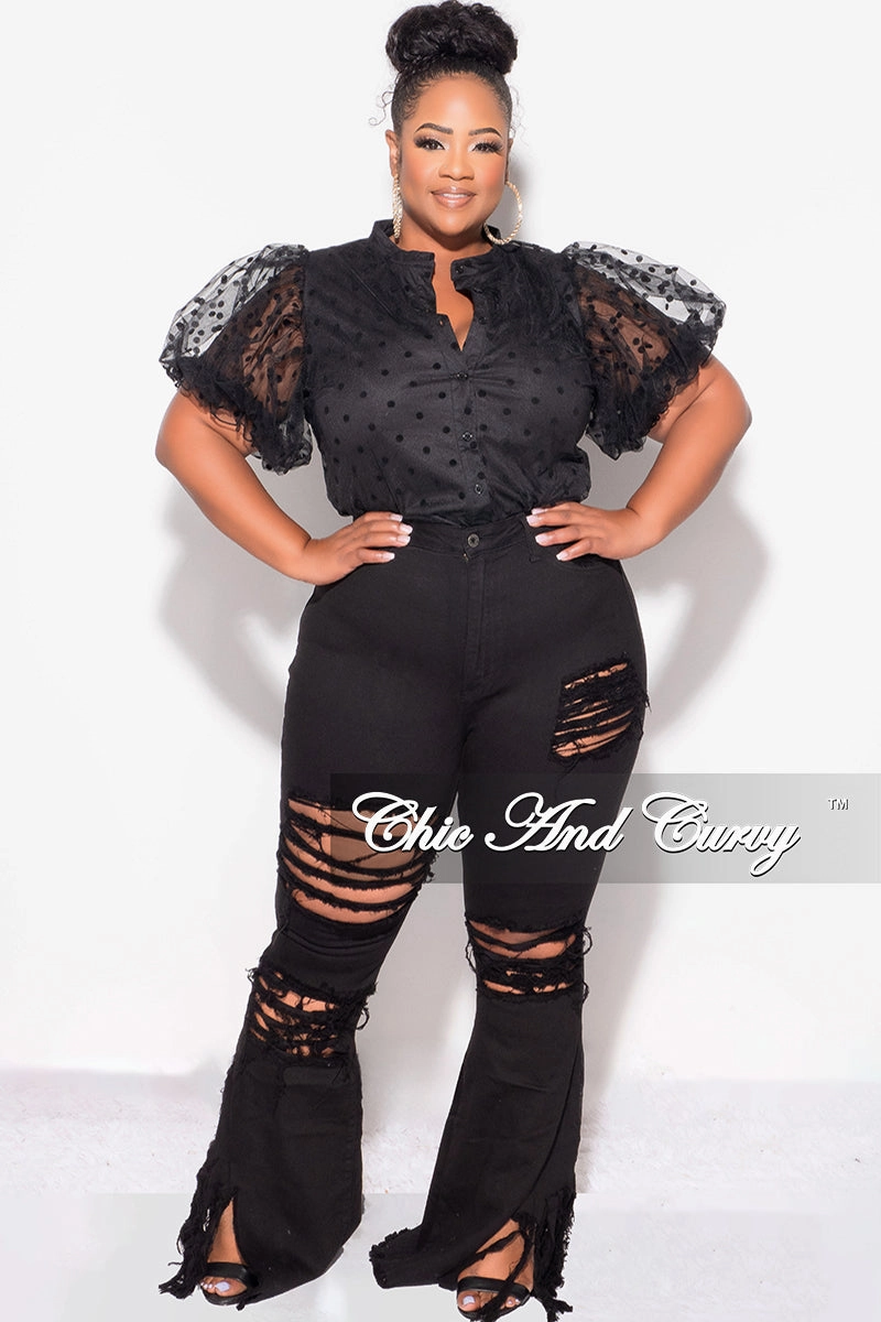 Final Sale Plus Size Sheer Collar Button Up Polka Dot Top in Black All Season Fit