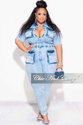 Stylish Look Comfortable Style Final Sale Plus Size Zip up Jumpsuit in Blue Denim