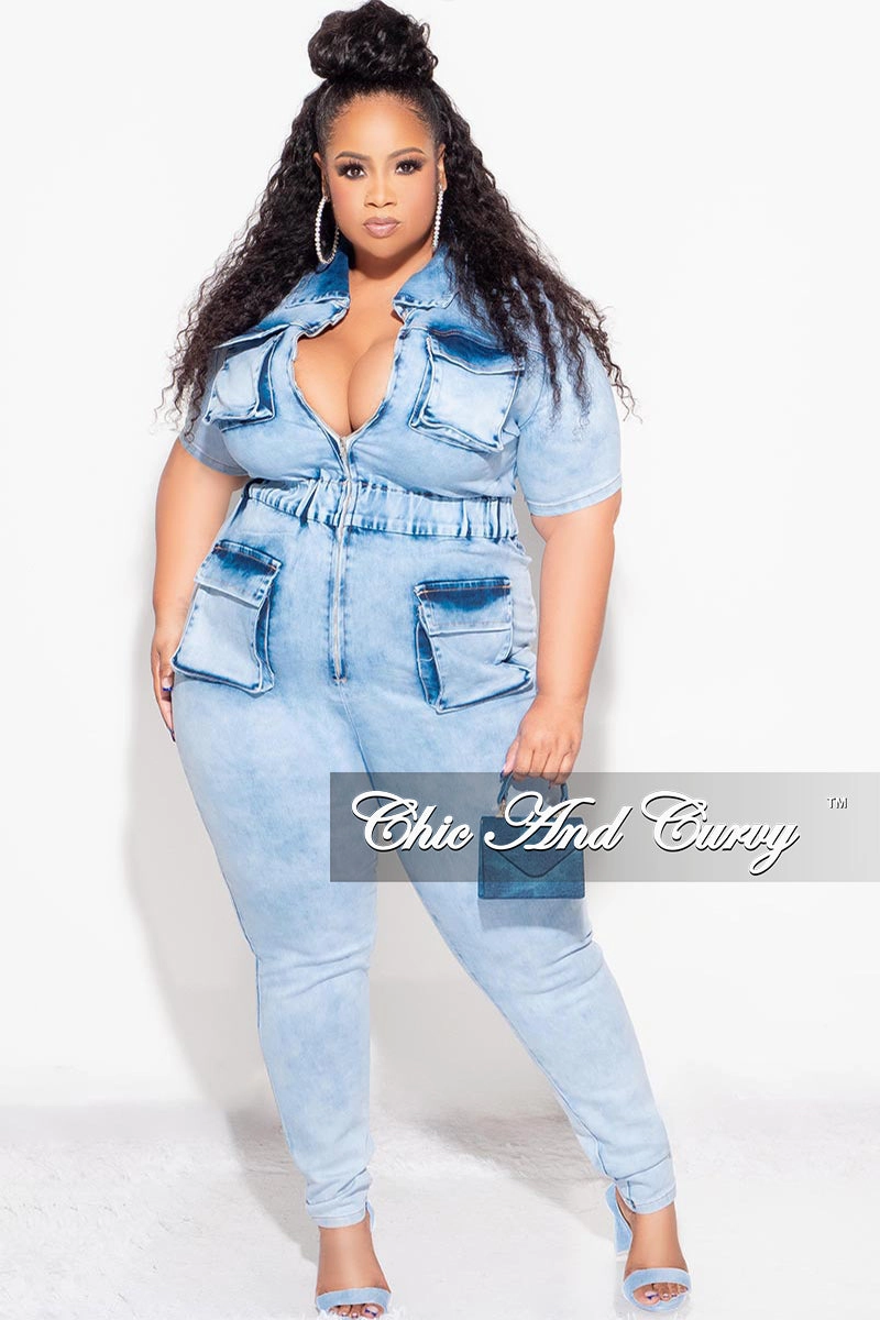 Final Sale Plus Size Zip up Jumpsuit in Blue Denim Flexible Gusset