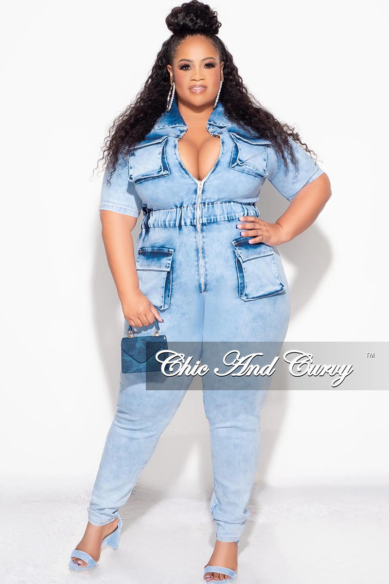 Perfectly Fit Comfy Look Final Sale Plus Size Zip up Jumpsuit in Blue Denim