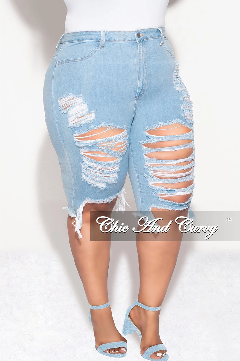 Final Sale Plus Size Distressed Bermuda Shorts in Light Denim Noise Reduciting Fabric Wear Resistant Fabric