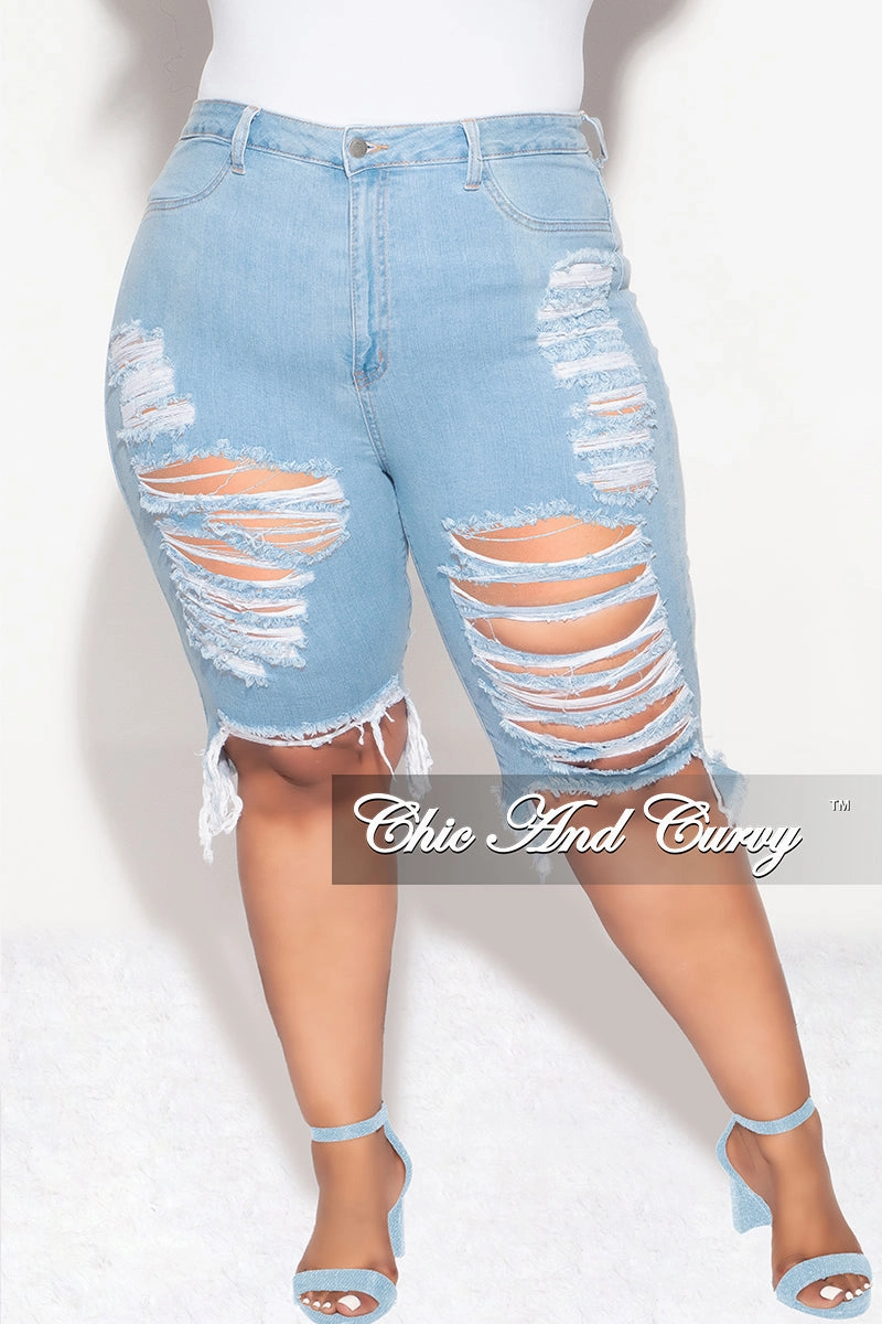 Movement Ease Final Sale Plus Size Distressed Bermuda Shorts in Light Denim