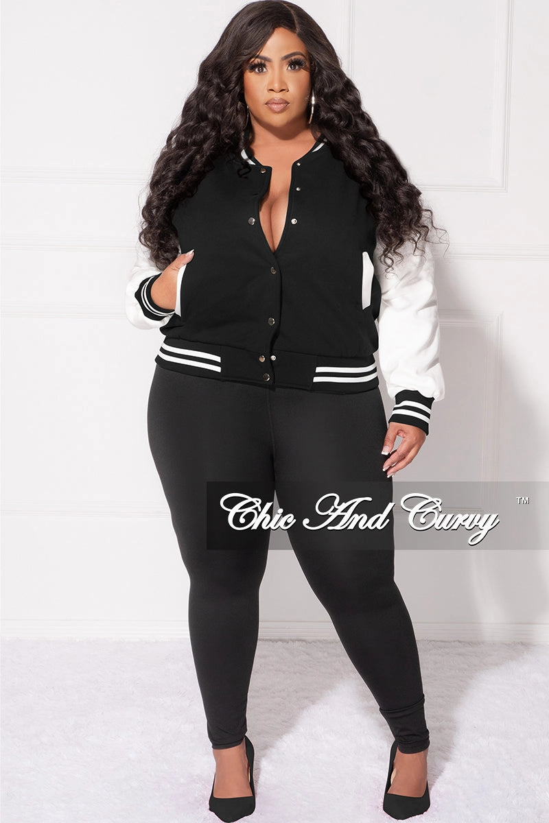 Final Sale Plus Size Plain Varsity Jacket in Black and White Adjustable loop