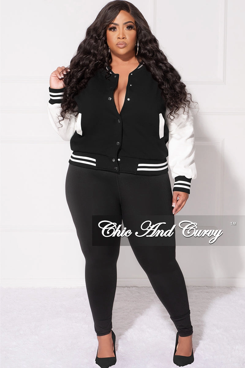 Timeless Style Final Sale Plus Size Plain Varsity Jacket in Black and White