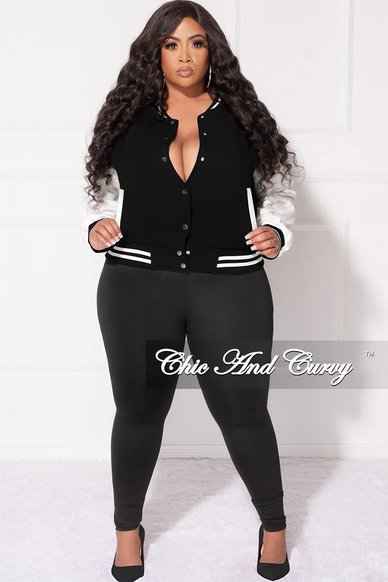 Final Sale Plus Size Plain Varsity Jacket in Black and White Seasonal Basic