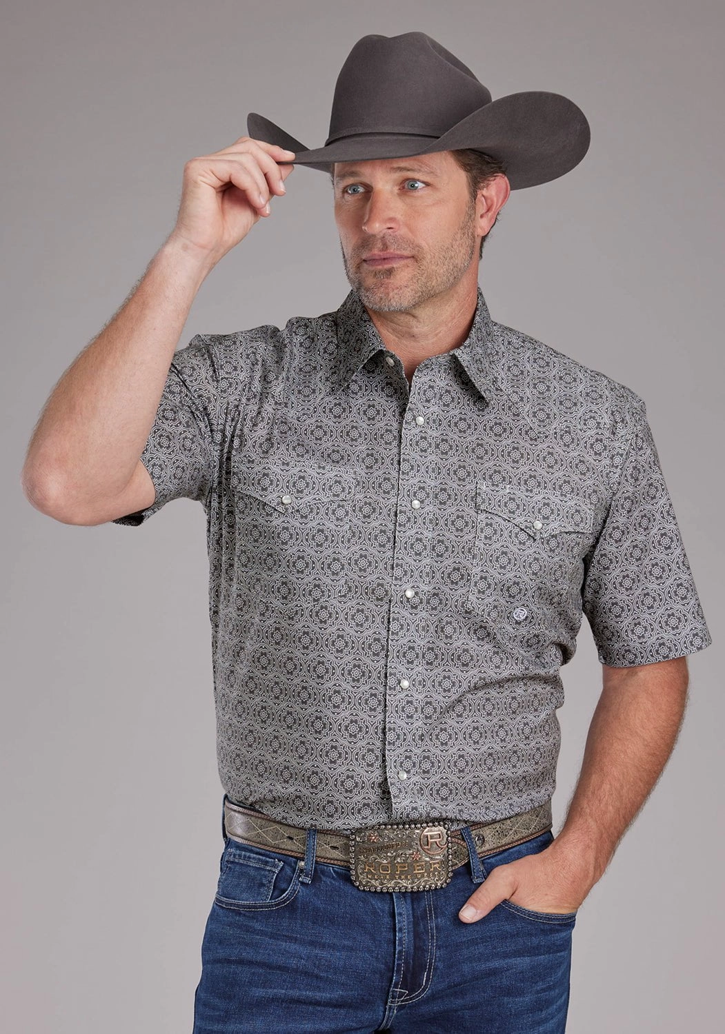 Roper Mens 2383 Medallion Paisley Grey Cotton Blend S/S Shirt Loose style Earthy Palette