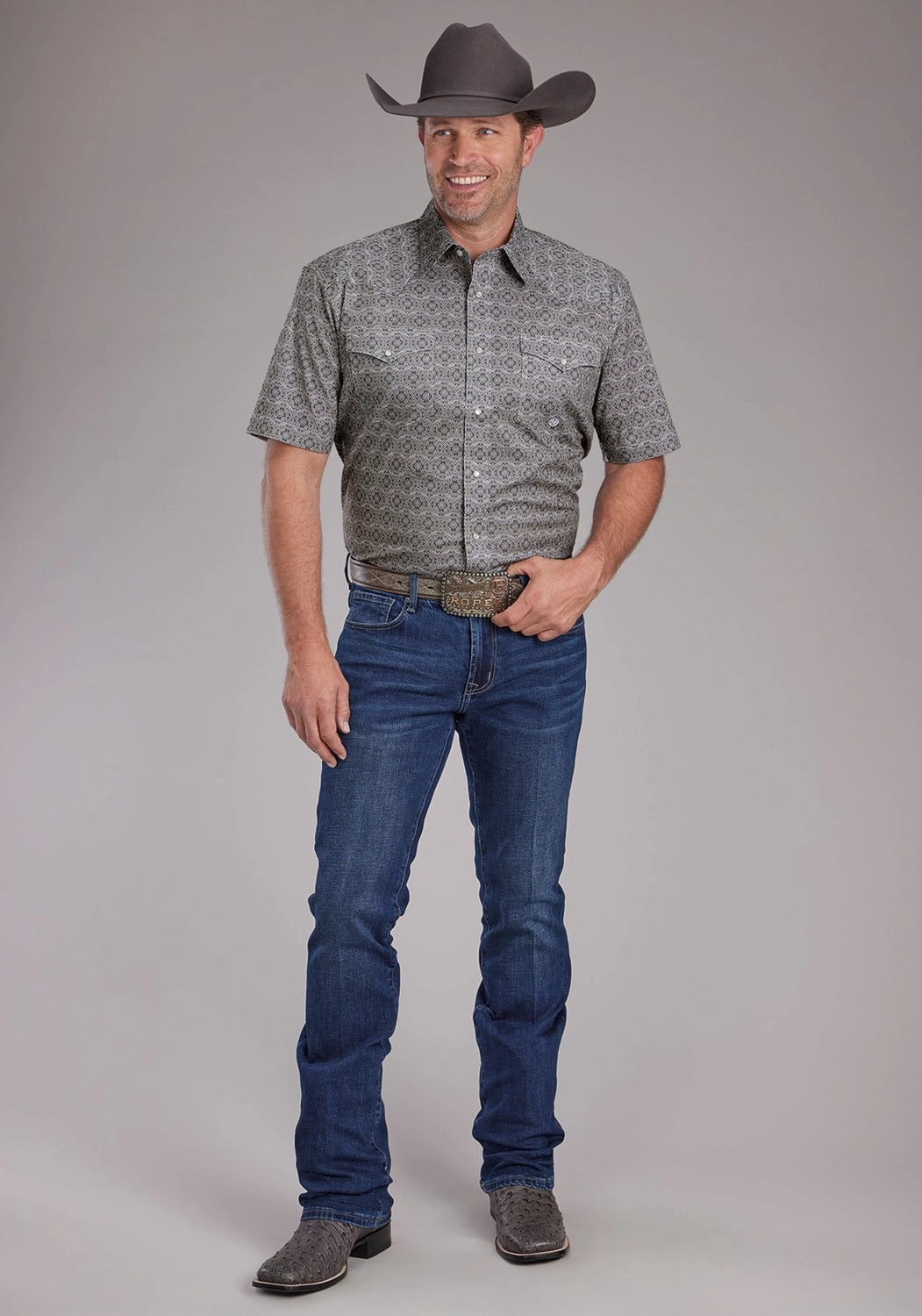 Winter Layering Laser Cut Edge Detail Roper Mens 2383 Medallion Paisley Grey Cotton Blend S/S Shirt