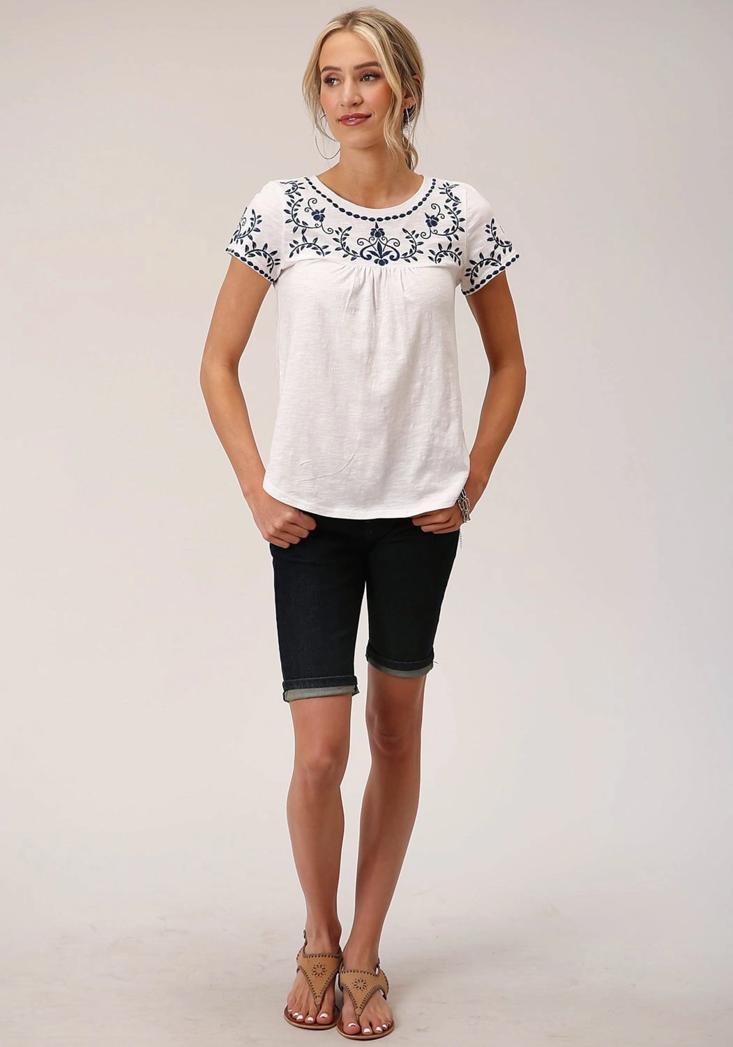 Sporty Comfort Wedding guest Roper Womens Cute Embroidery White 100% Cotton S/S Blouse