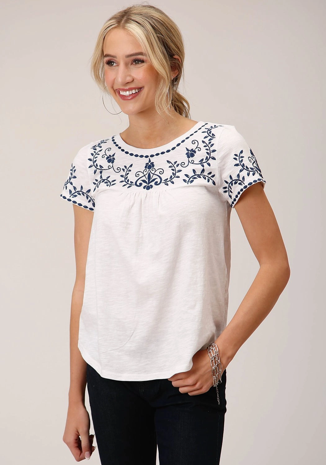 Non-Iron Roper Womens Cute Embroidery White 100% Cotton S/S Blouse