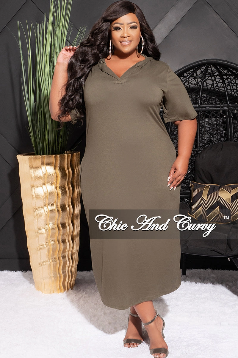 Ventilated Mesh Lining Final Sale Plus Size Hooded Midi Dress with Distress Back in Olive