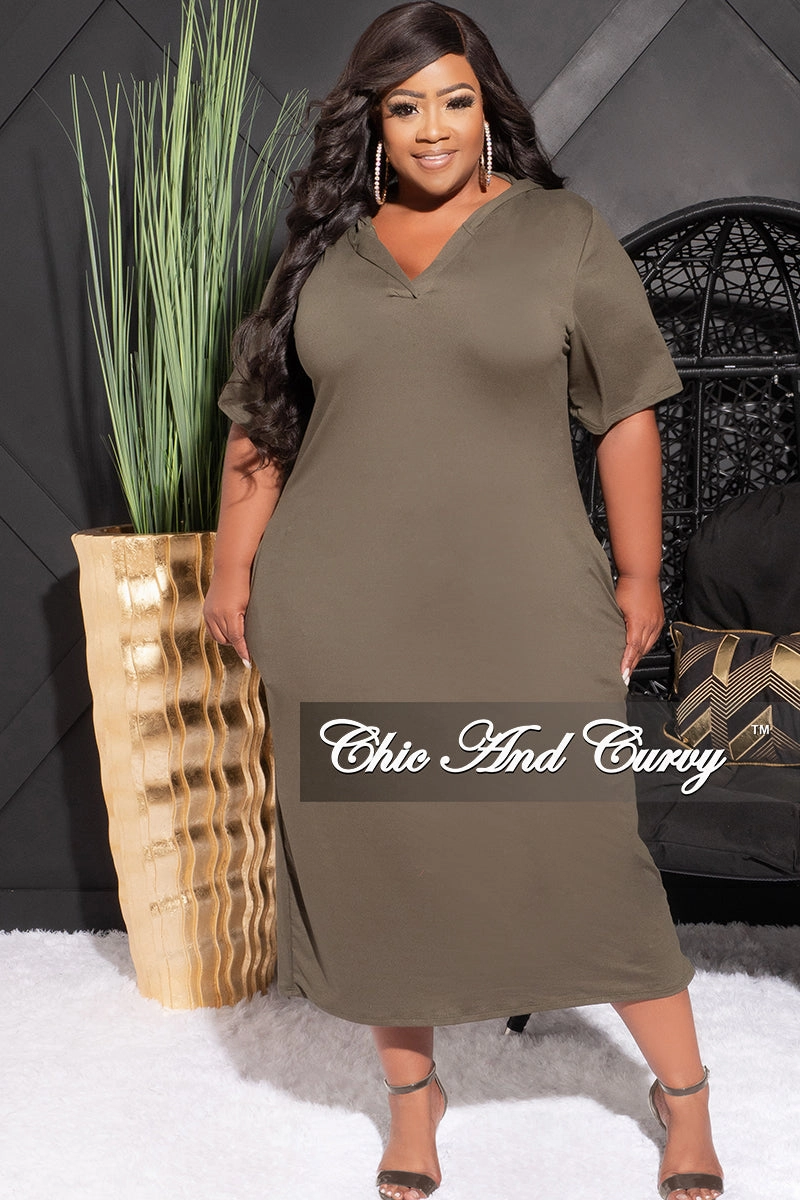 Final Sale Plus Size Hooded Midi Dress with Distress Back in Olive MultiPocketDesign Thermal Insulation Layer