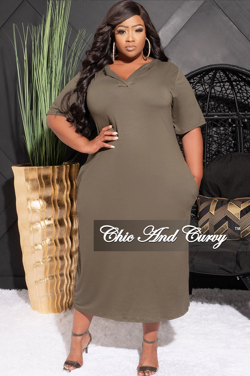 Final Sale Plus Size Hooded Midi Dress with Distress Back in Olive Smooth Texture Neutral Fit