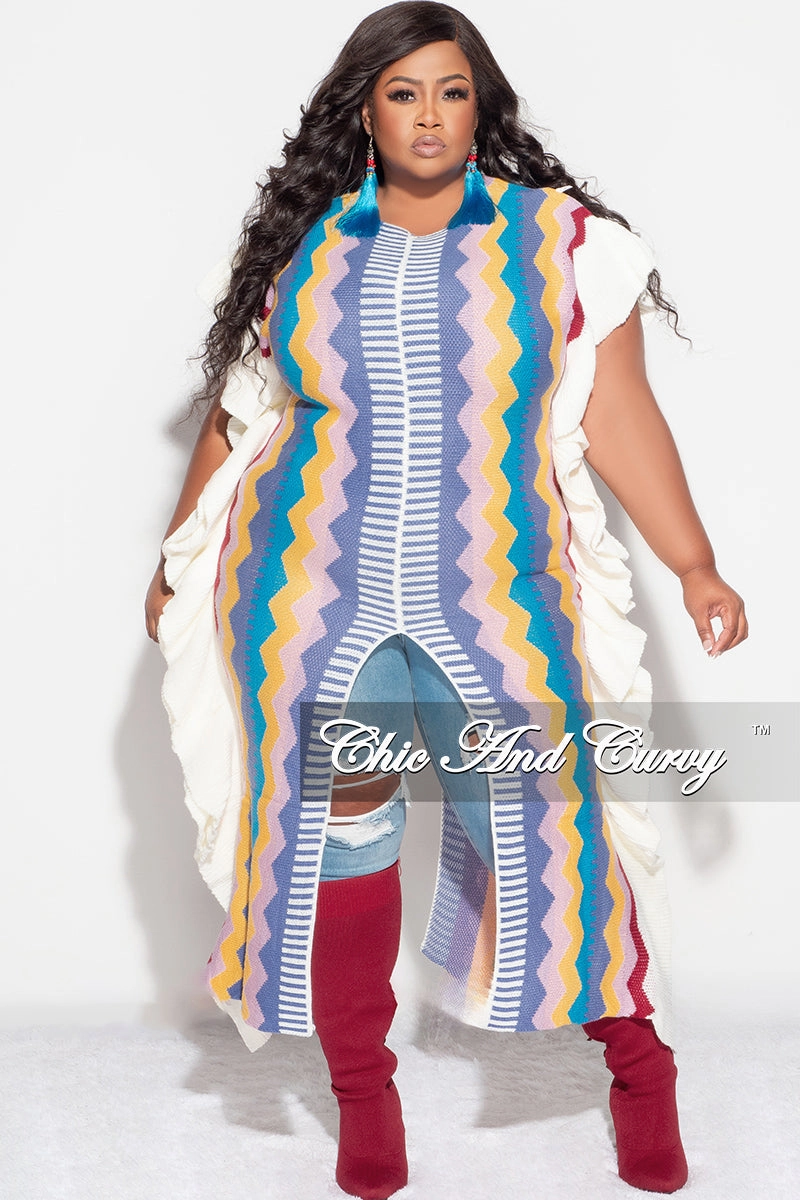 Stretchy Material Final Sale Plus Size Moroccan Dress/Top in Blue, Mustard & Burgundy Zig Zag Print