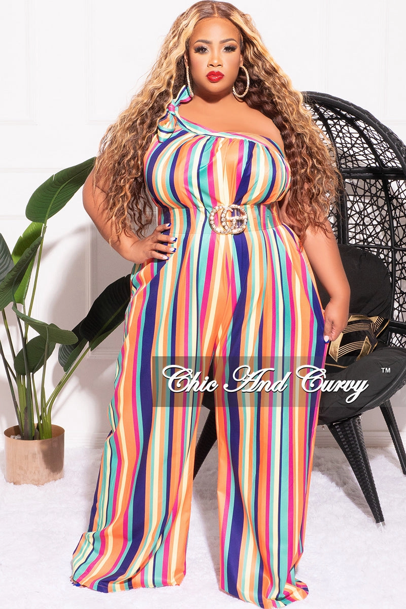 Final Sale Plus Size One Shoulder Jumpsuit in Multi Color Stripe Print Comfy Ease