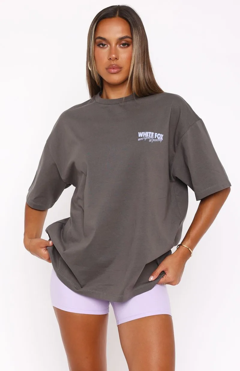LaserCutVents DoubleStitched Construction Everything Is Peachy Oversized Tee Charcoal