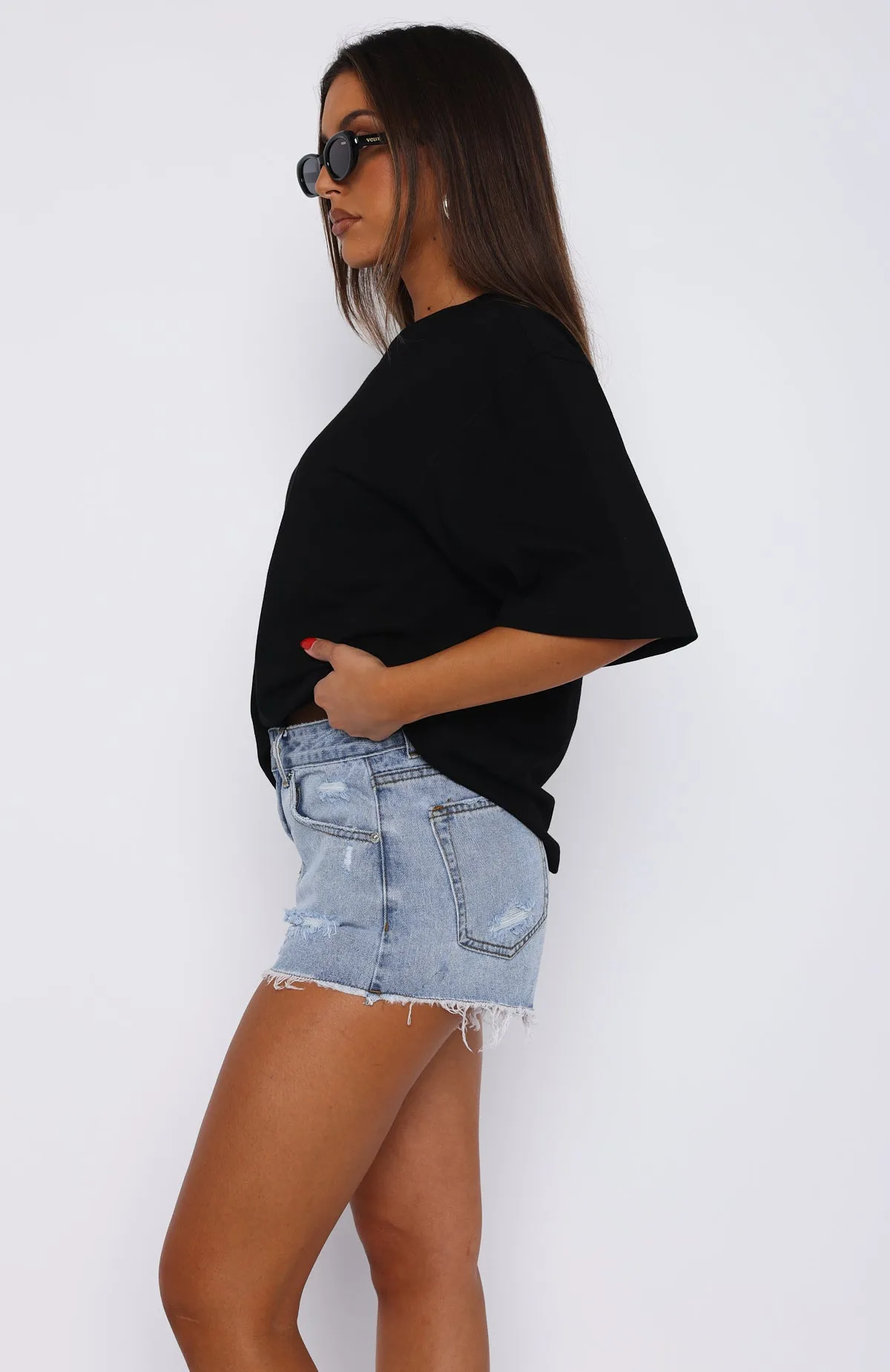 Push My Buttons Denim Shorts Mid Blue Smooth Fabric Tagless Design