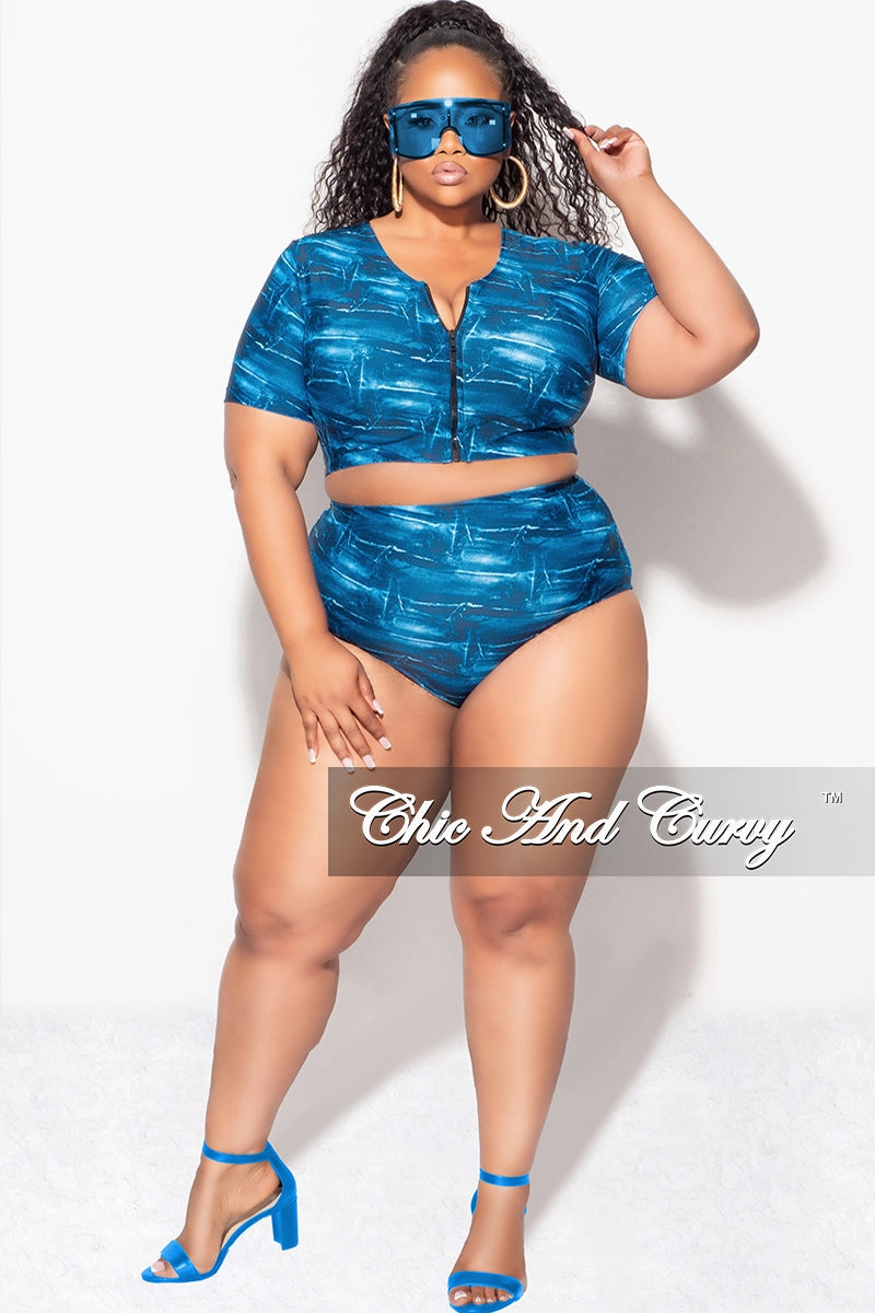 All Purpose Wear Exclusive Chic And Curvy - Final Sale Plus Size 2pc Swimwear in Faux Blue Denim Print