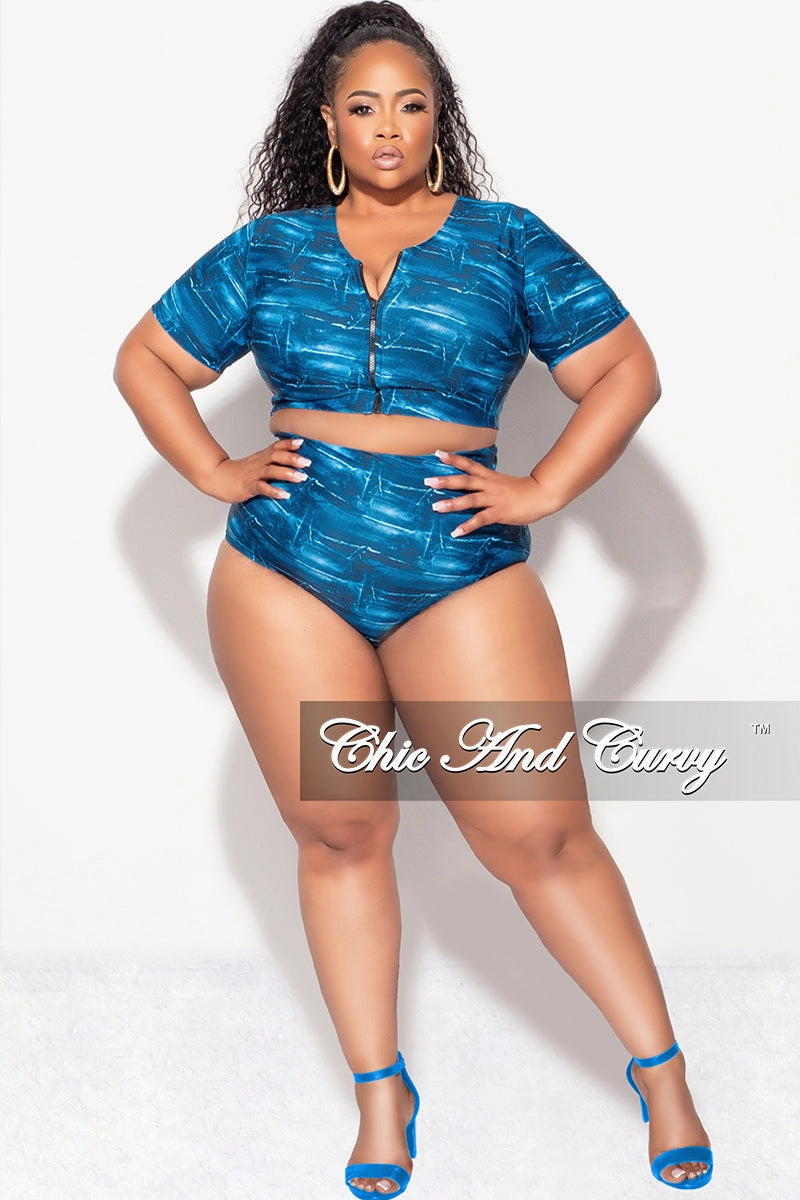 Exclusive Chic And Curvy - Final Sale Plus Size 2pc Swimwear in Faux Blue Denim Print Smooth Fabric