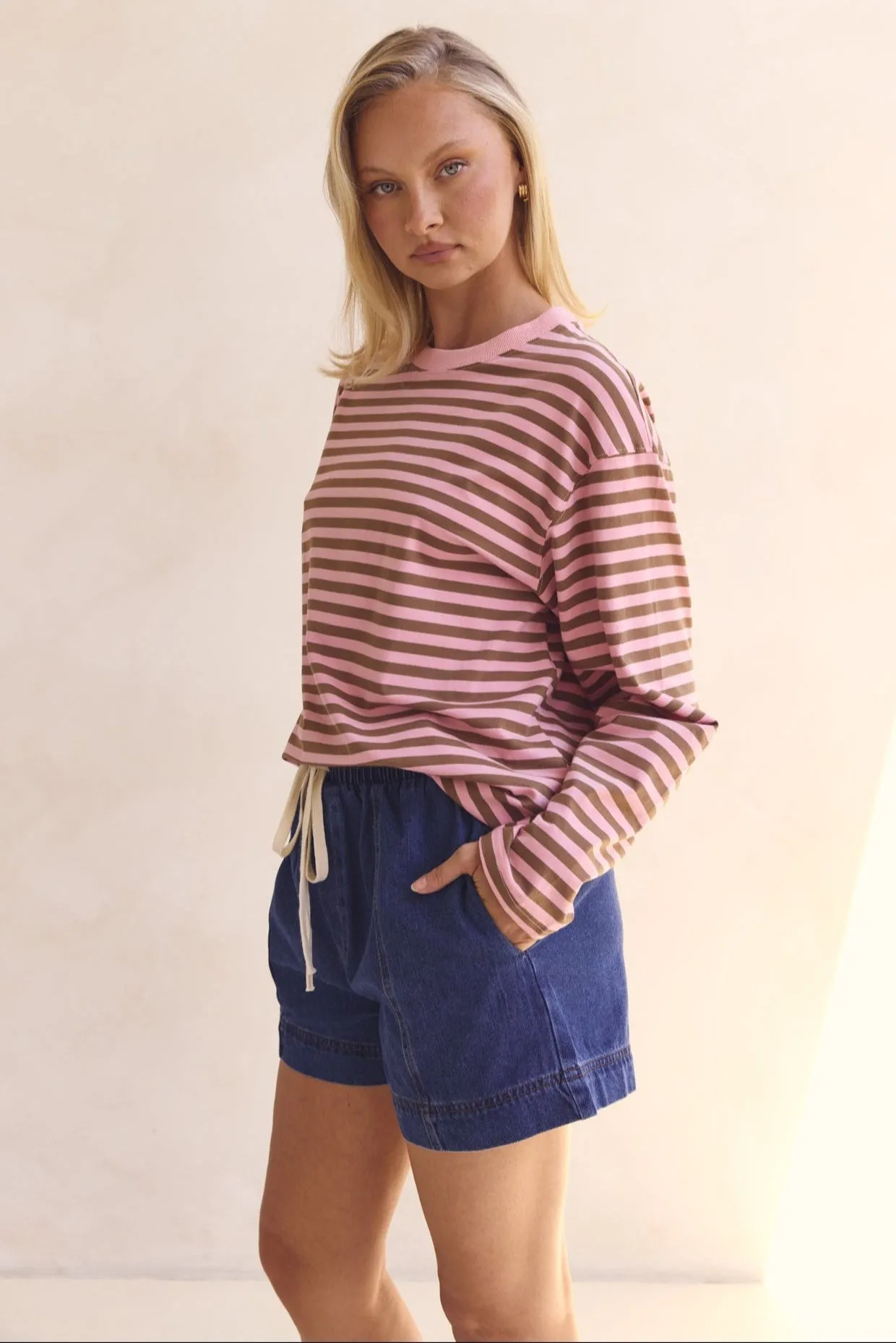 V-neck Blouse summer top Lia Long Sleeve Top (Pink)