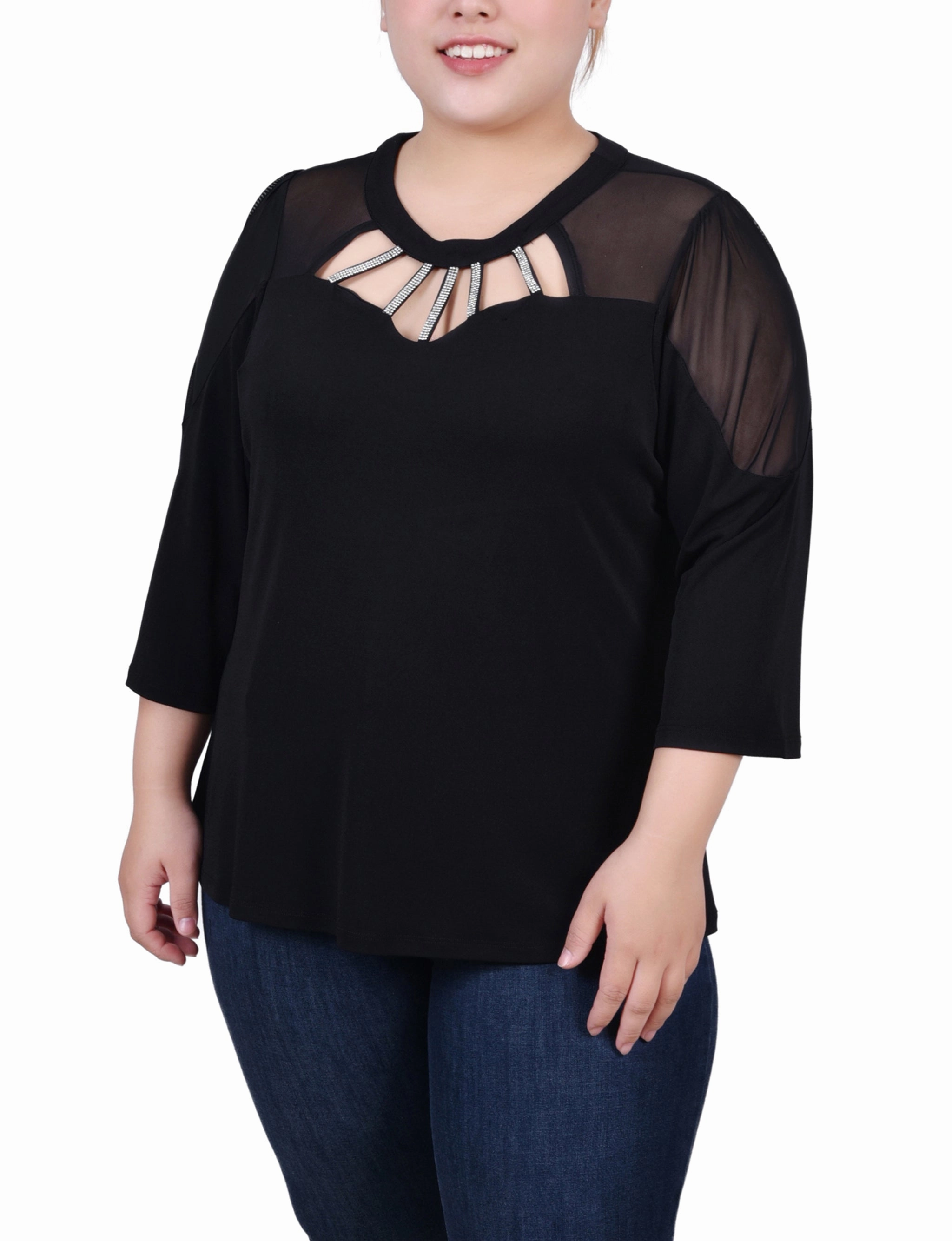 Plus Size 3/4 Sleeve Top With Neckline Cutouts and Stones WrinkleResistant RollUpCuff
