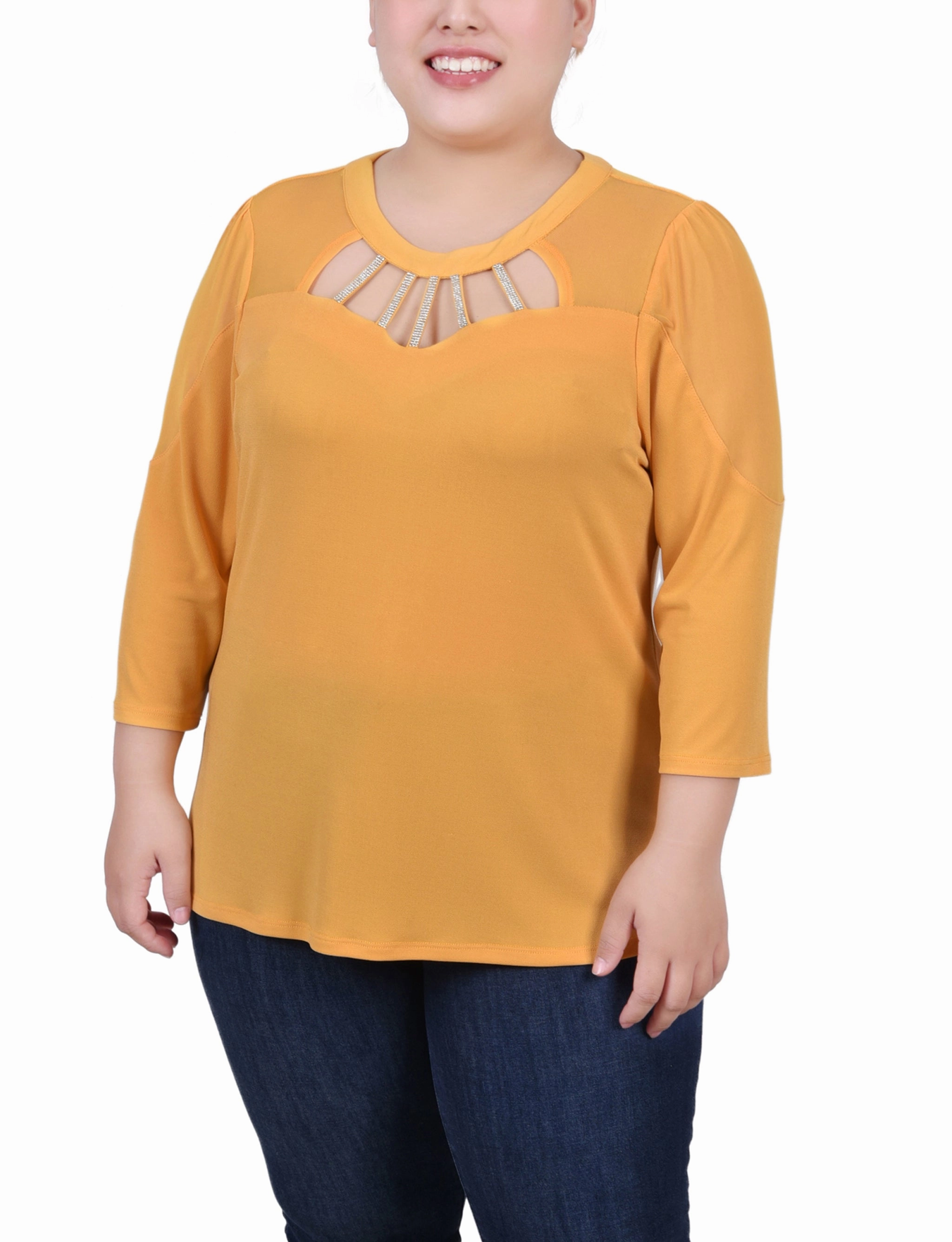Plus Size 3/4 Sleeve Top With Neckline Cutouts and Stones FadeResistant Coating AntiStaticInnerLining